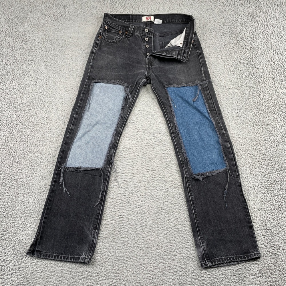 Levi's 501 Jeans Mens 30x30 Black Original Straight Leg Two Tone Patchwork Denim